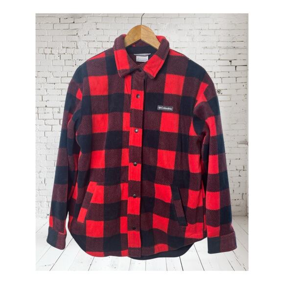 Columbia Benton Red Black Plaid Fleece Snap Shirt Jacket Women's Size Medium - Picture 2 of 9